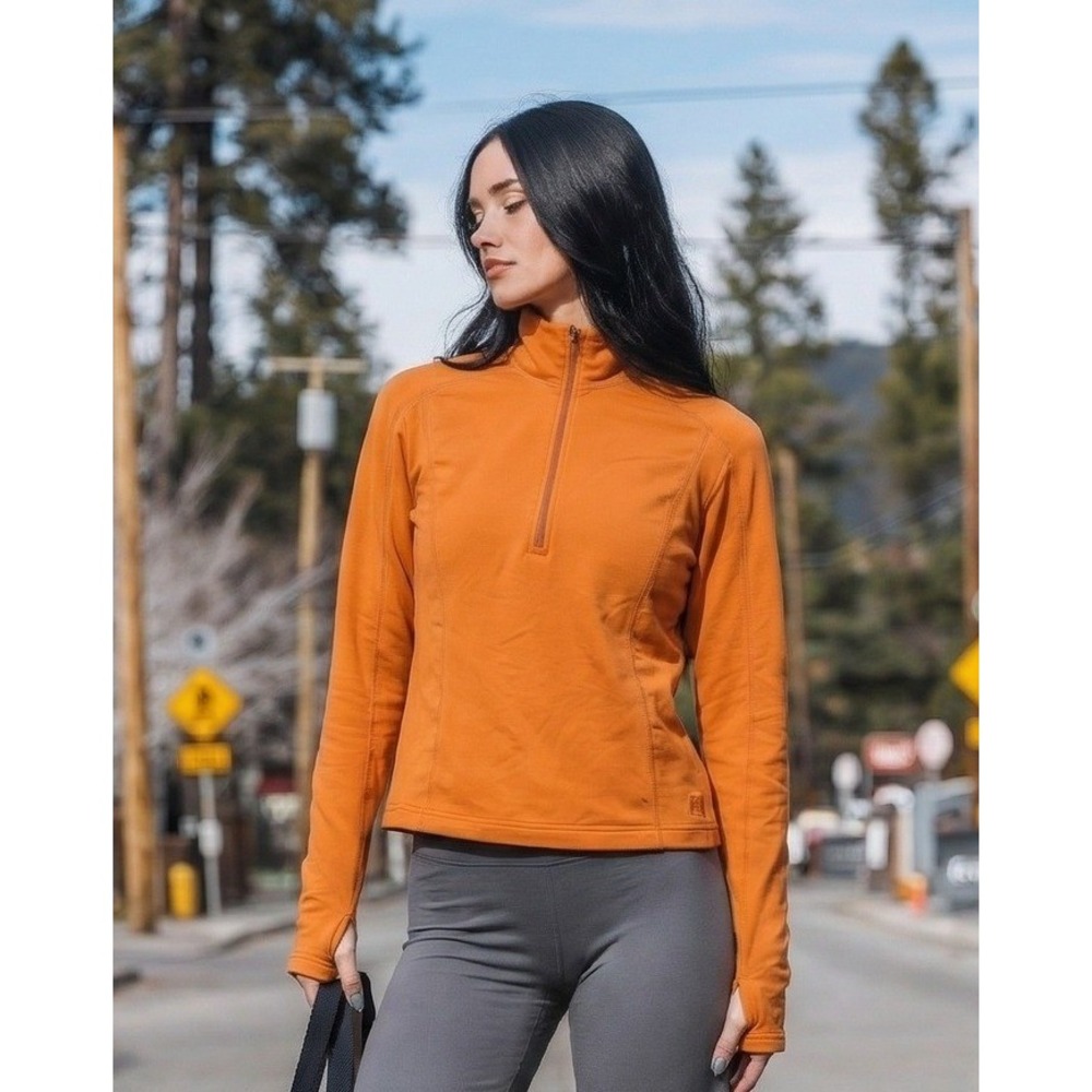 Moving Comfort DriLayer Plus Quarter Zip Pullover Orange M Thumbholes Pocket